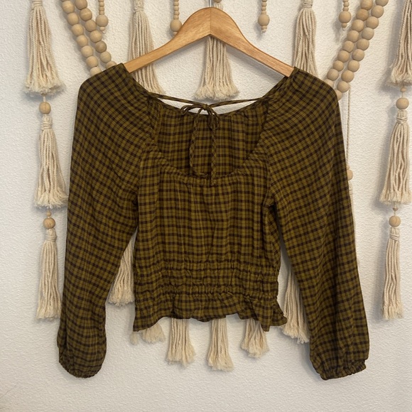 Madewell gingham top Tie-Back Cutout long sleeve in Plaid Spiced Olive xxs - Picture 10 of 11